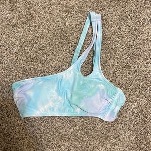 bathing suit top, one shoulder, tie dye light blue, lavender, emerald.